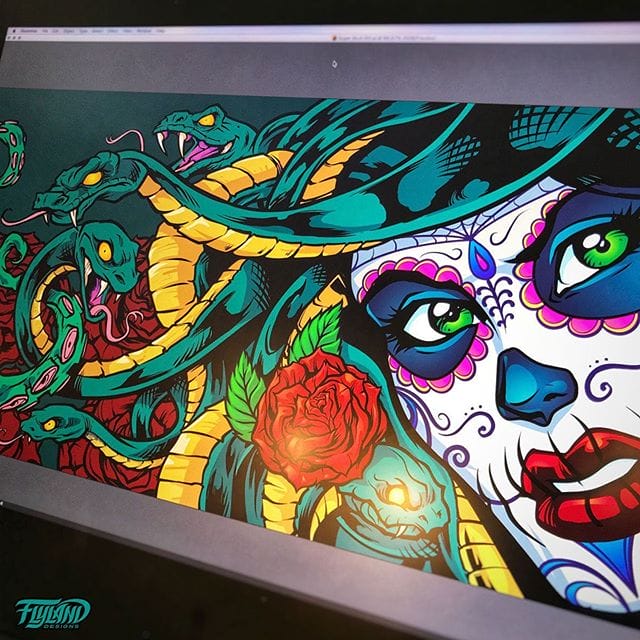 Working on a Sugar Skull Medusa illustration for a boat wrap - this thing is massive - twenty feet long. Worked on it in Adobe Illustrator, which I'm always a bit more clumsy in. Raster for life.....#medusaart #medusa #art #adobeillustrator #illustration #hireanillustrator#wacomcintiq#vinylwraps #vinylwrap #vinylart #wrapart #wrapartist #vehiclewraps