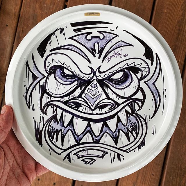 I’ve been experimenting with drawing on the back of some of my disc golf discs - here’s one I liked - both of these have already been picked up - I might do some more if I have time. thanks!!#discgolfart #discgolf #tikiart #sharpieartist