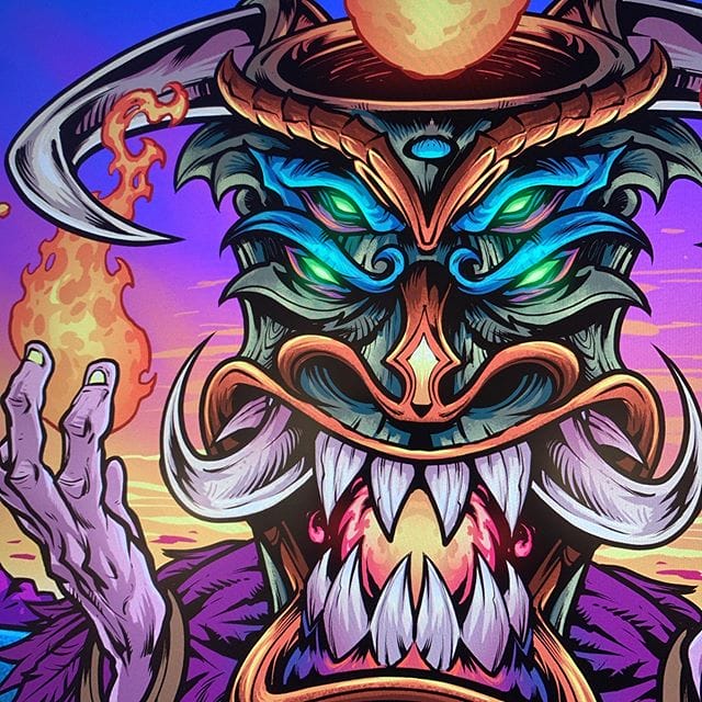 Working on an evil Tiki guy for my friends at @shrunkenheadzhotsauce tonight. What are you working on?#tikiart #tikibar #tiki #psychedelicart