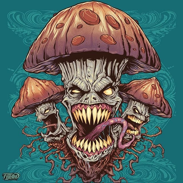 Evil Mushrooms illustration I created a while back, but revisited the color scheme a little. I'd love to do a whole series like this if I can make the time. • This design will be my next monthly foil disc.#psychedelicart #meditation #trippyart #cannabisart #mushroomart #marijuanaartist #cannabiscommunity#discgolf #frisbeegolf #discraftdiscs #teamdiscraft #detroitdisccompany #disc