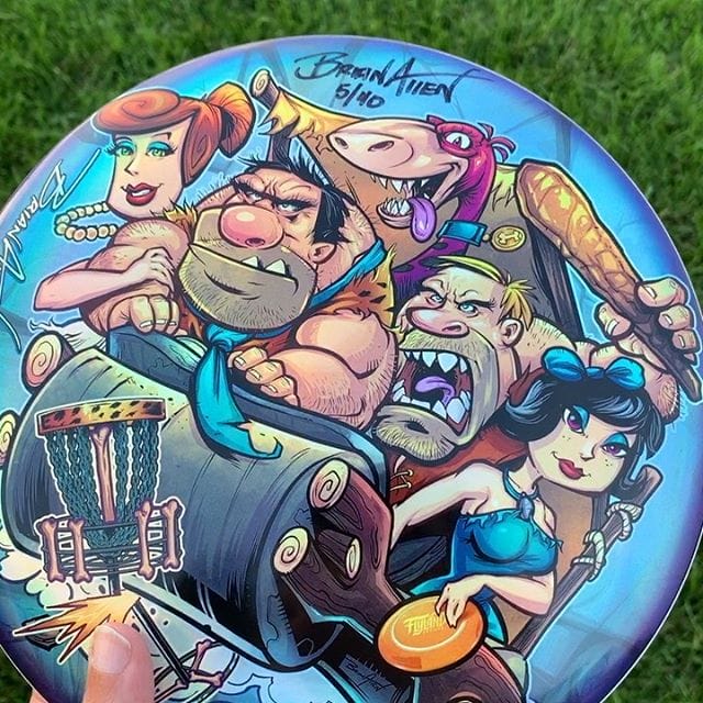 Here's the latest disc in my Monthly Series: Flintstones Parody I illustrated, printed on metallic foil by Discraft on a Buzzz disc! So happy with how they came out. Limited to 40. But I have two left with an original ink drawing on the back, let me know if you're interested in one. Next month's disc is available for preorder now:http://bit.ly/flyland-discgolf#flinstones #flinstonesparody #cartoonparody #discgolf #frisbeegolf #discraftdiscs #teamdiscraft #detroitdisccompany #disc