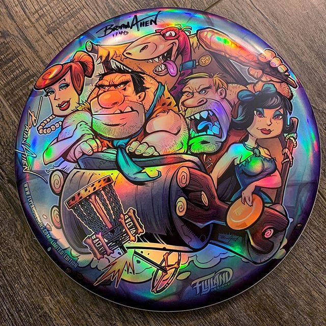 My finished Flinstones Parody artwork on a metallic foil Discraft disc in my monthly series is sold out • thank you so much! I've just got one left with a drawing on the back if anyone's interested.#flintstones #flintstonesparody #cartoonparody #discgolf #frisbeegolf #discraftdiscs #teamdiscraft #detroitdisccompany #disc