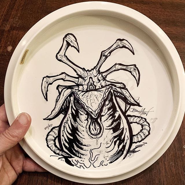 I have taken a few of the Limited Edition Queen Alien Buzz Disc that I created and drew original Sharpie ink drawings of the different stages of the Alien on the back. This one was the Facehugger emerging from an Egg. Let me know if you want this, thanks!‍https://www.flylanddesigns.com/product-category/disc-golf-discs/‍#alien #queenalien #buzzdisc #discgolf #originalart #inkdrawing #limitededition