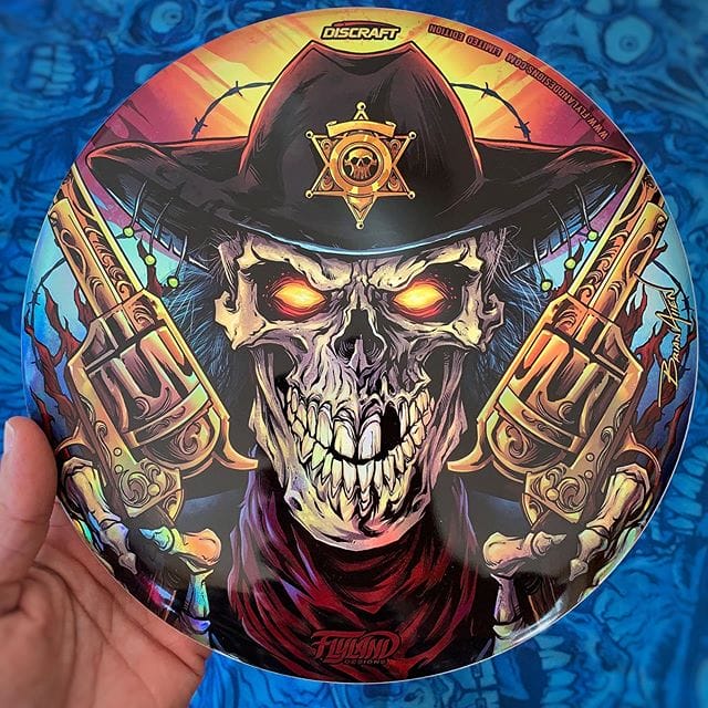 Thanks for all the support on my metallic foil Skull Gunslinger disc golf disc!I've got a handful of these left (limited edition of 40) - I'd love to clear them out before the end of the year, so I've marked them down to only $25 each until the end of the year. Thanks for looking!https://www.flylanddesigns.com/custom-illustrated-disc-golf-disc/#skull #discgolf #frisbeegolf #discraftdiscs #teamdiscraft #discraft #disc