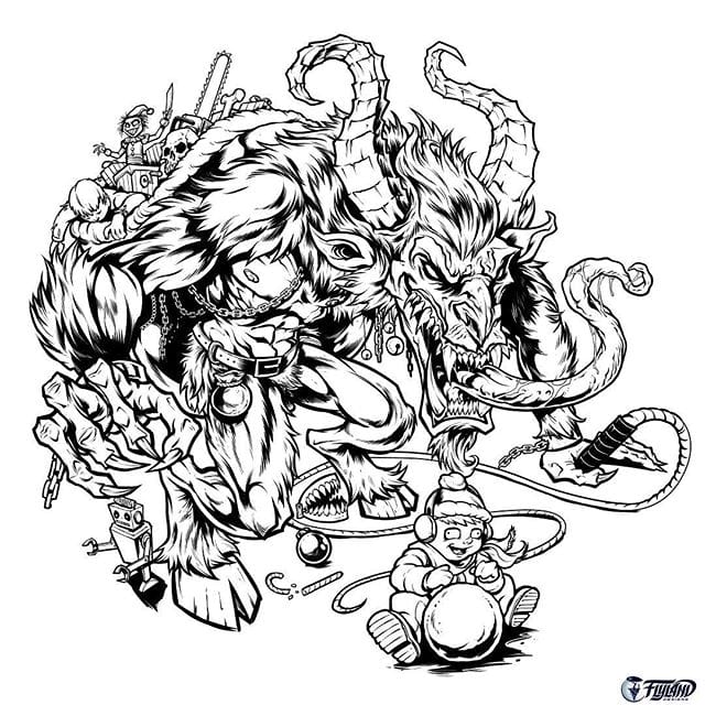 Inked lineart for a Krampus illustration I'm working on - The Christmas season needs more whips, I've always said. Inked in Clip Studio Paint on a Wacom Cintiq Pro 24.This will be used for the artwork on my next metallic foil disc.#krampus #krampusart #discgolf #discraft #discart #clipstudiopaint #wip