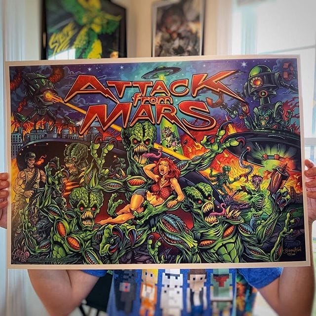 I printed my Attack From Mars artwork as a batch of high-quality 14"X20" art prints and posted them in my shop!These are limited editions of 100. Signed and numbered.Let me know if you'd like one!•••#attackfrommars #williams #bally #pinballart #pinballartwork #pinballexpo #pinball #pinballmachine #playfield #backglass #alienart #scifiart