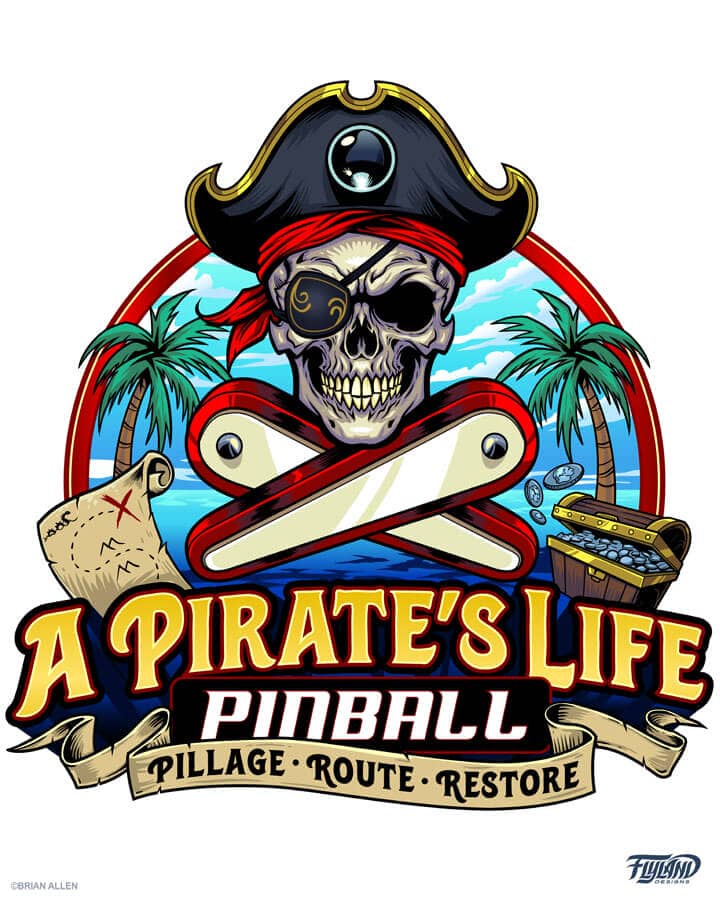A logo illustration of a pirate's skull with pinball flippers infront of a tropical background, drawn by artist Brian Allen
