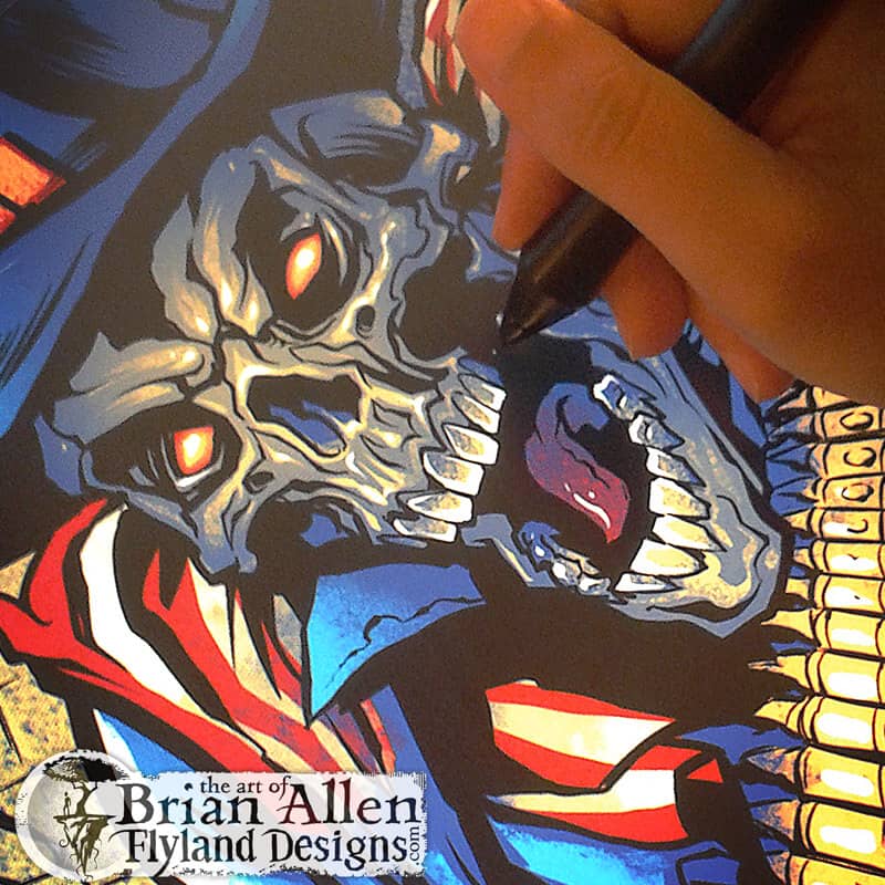 A skeleton wearing a cowboy hat and American flag as a cap, riding a panther. He is holding a gun with one hand as other vicious animals follow him from behind. Behind them is a broken pyramid with an eye in the top that is burning. Text above reads "Hard Ride Clothing" and text below reads "A Sheep No More" shown on a tablet
Artwork by Brian Allen, Flyland Designs.