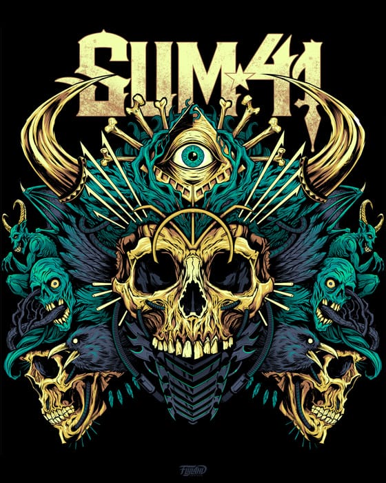 apparel created for Sum 41 the band which features golden skulls, zombies, demons, ravens, and a pyramid eye. 