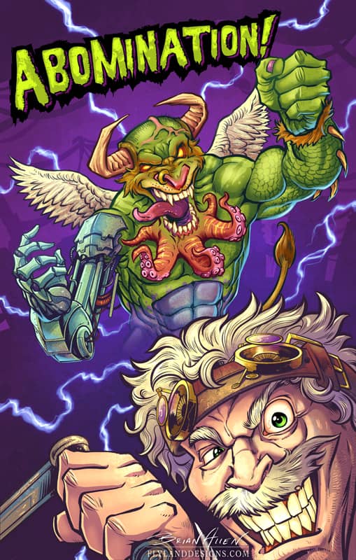 Illustration of a mad scientist bringing a strange creature to life for a card game