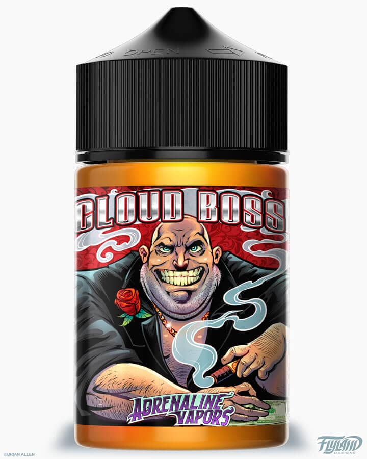 Adrenaline Vapors Cloud Boss label design featuring a mob boss with a rose and money holding a cigar, drawn by artist Brian Allen
