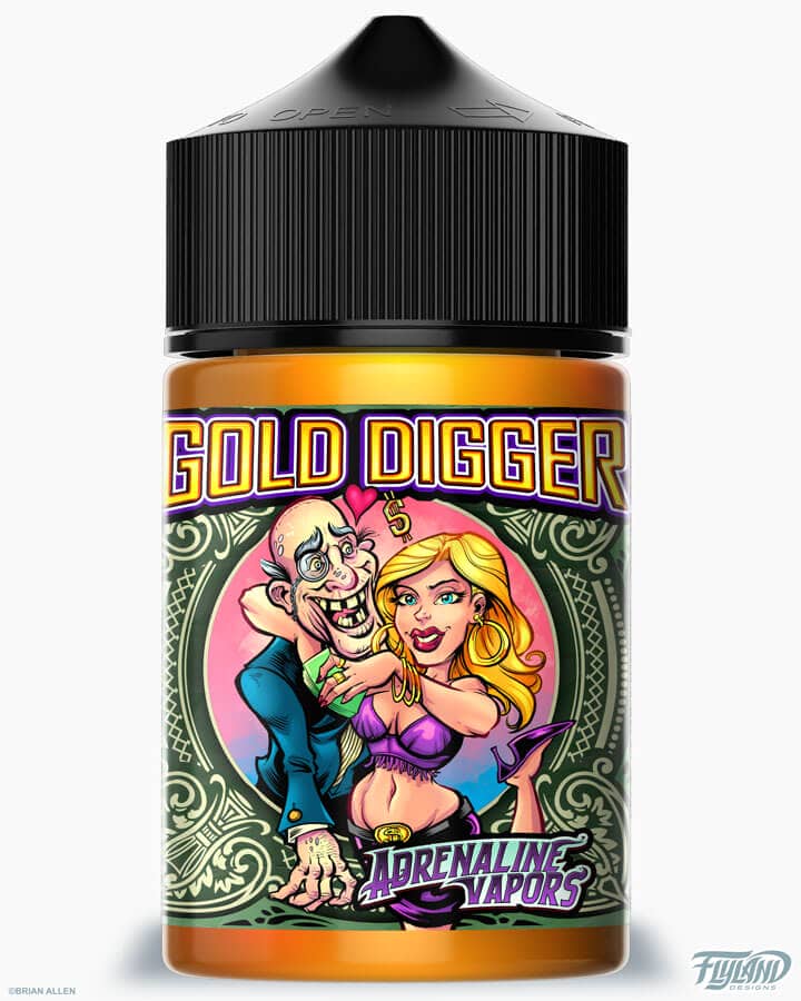 llustration of a gold-digger with rich old dude, boogey man, noir sleuth, and mob boss I illustrated for a series of Vaping ejuice labels for the Adrenaline Vapors brand.