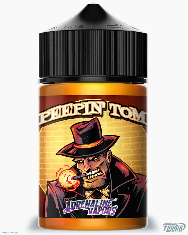 llustration of a gold-digger with rich old dude, boogey man, noir sleuth, and mob boss I illustrated for a series of Vaping ejuice labels for the Adrenaline Vapors brand.