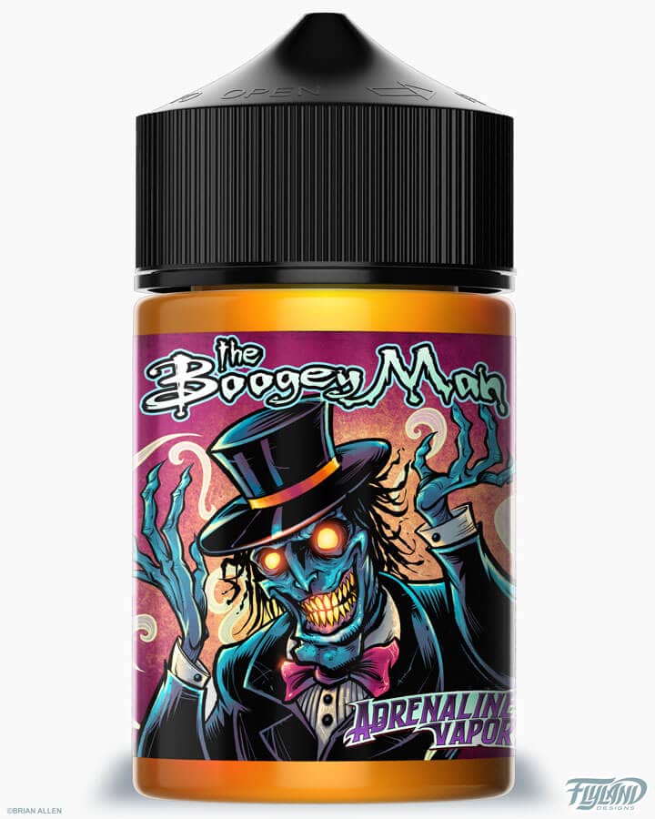 llustration of a gold-digger with rich old dude, boogey man, noir sleuth, and mob boss I illustrated for a series of Vaping ejuice labels for the Adrenaline Vapors brand.