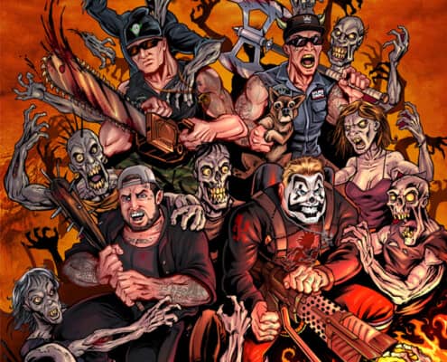 Comic book style Album cover I illustrated for Bukshot, featuring Violent J from the Insane Clown Posse fighting a horde of zombies.