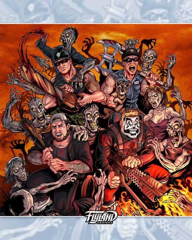 Comic book style Album cover I illustrated for Bukshot, featuring Violent J from the Insane Clown Posse fighting a horde of zombies.