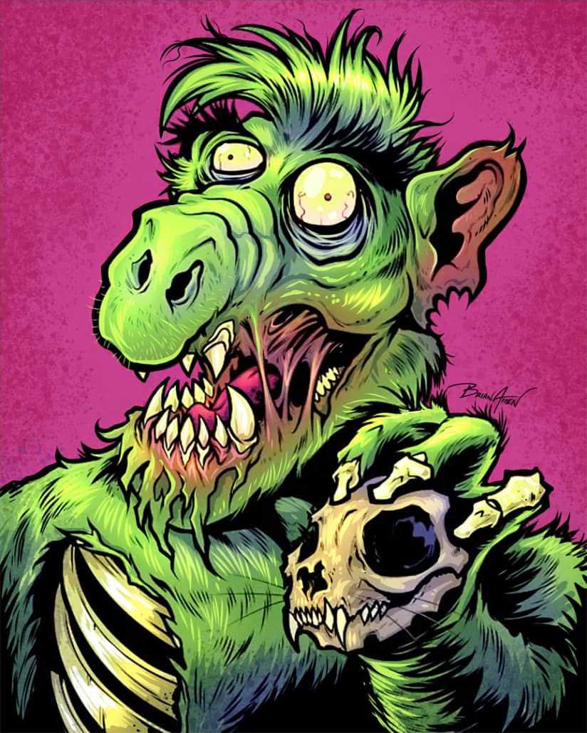 An illustration of a green Zombie Alf holding the skull of a cat 