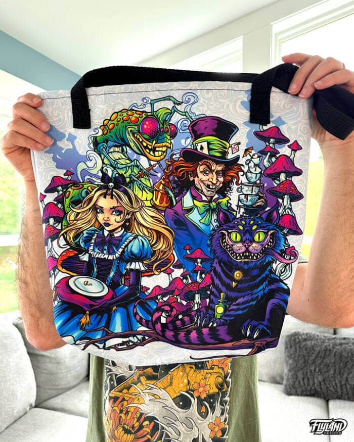 Alice in Wonderland with Cheshire Cat, caterpillar, and mad hatter Tote Bag printed with full color Artwork by Brian Allen