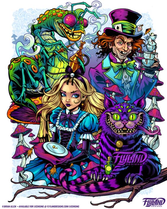 Whimsical cartoon of Alice in Wonderland characters, illustration by Brian Allen