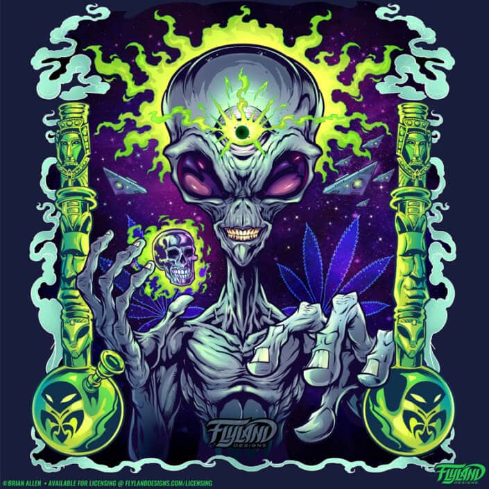 A blue Alien with purple eyes is surrounded by green flames and bongs. Galaxy background with marijuana leaves. Illustration by Brian Allen