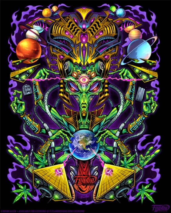 A green alien overlord surrounded by colorful planets, spaceships, and purple smoke illustration drawn by Brian Allen