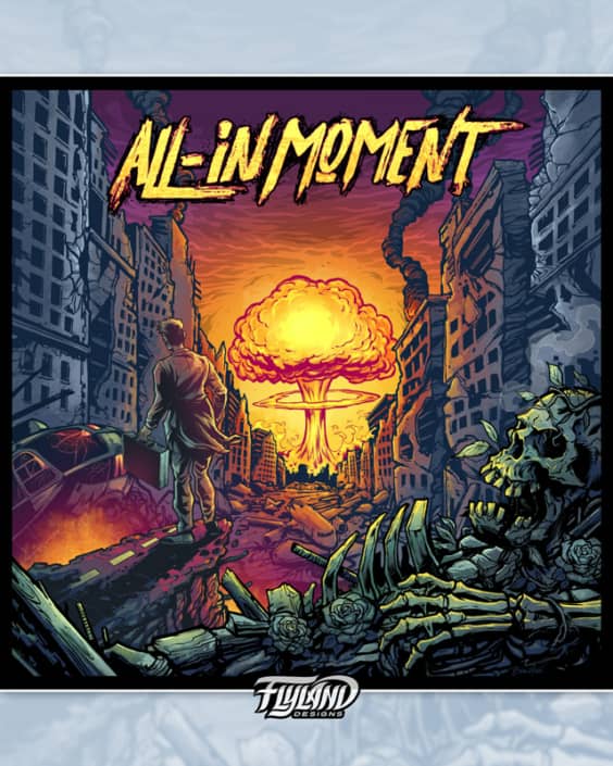 An  illustration for All-in the Moment's album cover  is an apocalyptic scene with a guy walking though a ruined city.