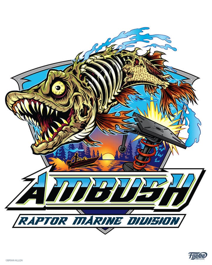 A logo illustration of a zombie fish for the Ambush Raptor Marine Division, drawn by artist Brian Allen