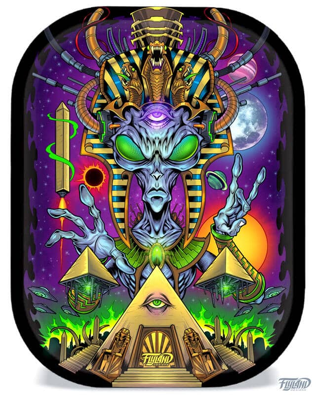 Space theme rolling tray design of an ancient alien with pyramids and spaceships, drawn by artist Brian Allen