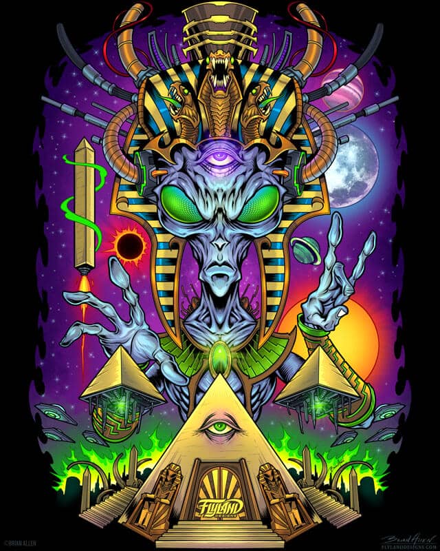 Space theme rolling tray design of an ancient alien with pyramids and spaceships, drawn by artist Brian Allen