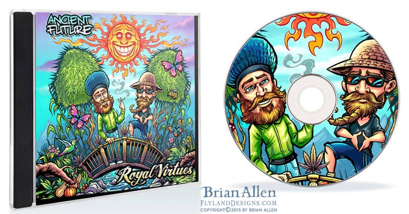 Album cover illustration of two guys on a bridge smoking joints in front a colorful happy sun and plants and butterflies