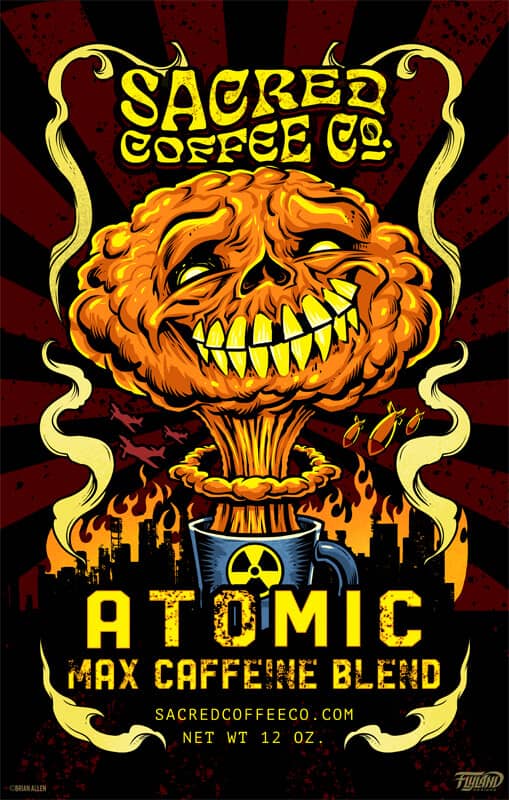 A bright orange mushroom cloud with a toothy grin with text that reads "Sacred Coffee Co. Atomic Max Caffeine Blend"
Designed by Brian Allen, Flyland Designs