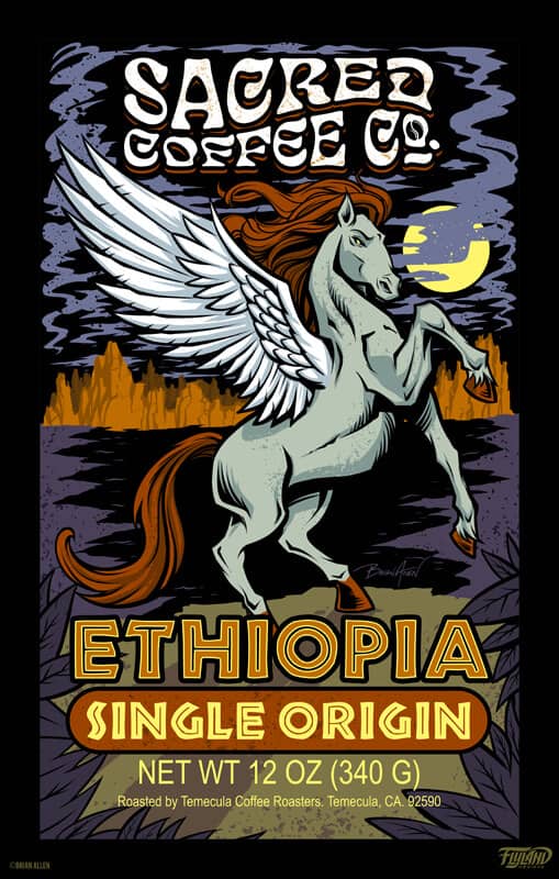 A White pegasus on its hind legs with an orange mane, hooves, and tail. Text reads "Sacred Coffee Co. Ethiopia Single Origin"
Designed by Brian Allen Flyland Designs