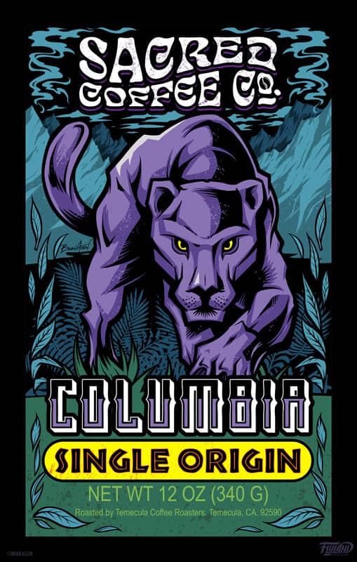 A purple panther stalking its prey (you, probably) with text that reads "Sacred Coffee Co. Columbia Single Origin"
Designed by Brian Allen Flyland Designs
