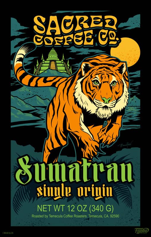 A bright orange tiger with a green nose running away from a green castle. Text reads "Sacred Coffee Co. Sumatran Single Origin"
Designed by Brian Allen, Flyland Designs