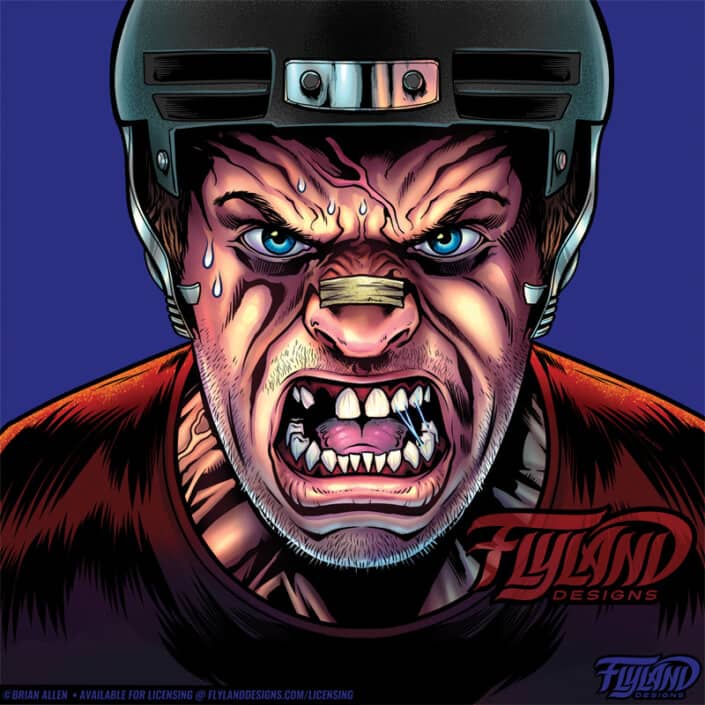 Angry Hockey player with blue eyes illustration by Brian Allen