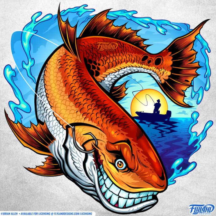 An angry red fish smoking a blunt illustration drawn by Brian Allen