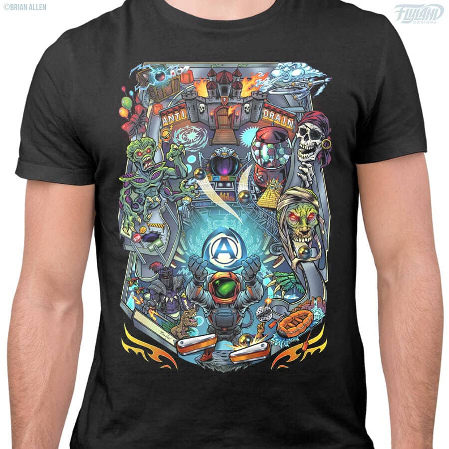 Pinball t-shirt design with multiple characters from different games including attack from mars, white water, medieval madness, and others, drawn by artist Brian Allen