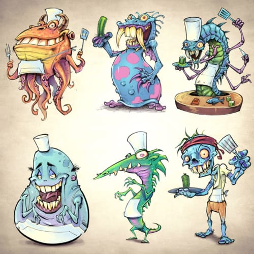 zombie and monsters character designs for sushi math educational app