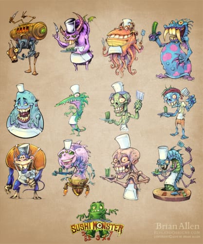 zombie and monsters character designs for sushi math educational app