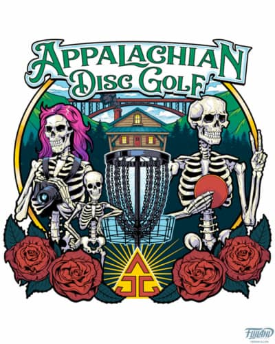 A family of skeletons enjoying a day of disc golf with roses in the forefront with Appalachian scenery in the background.