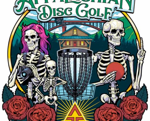 A family of skeletons enjoying a day of disc golf with roses in the forefront with Appalachian scenery in the background.