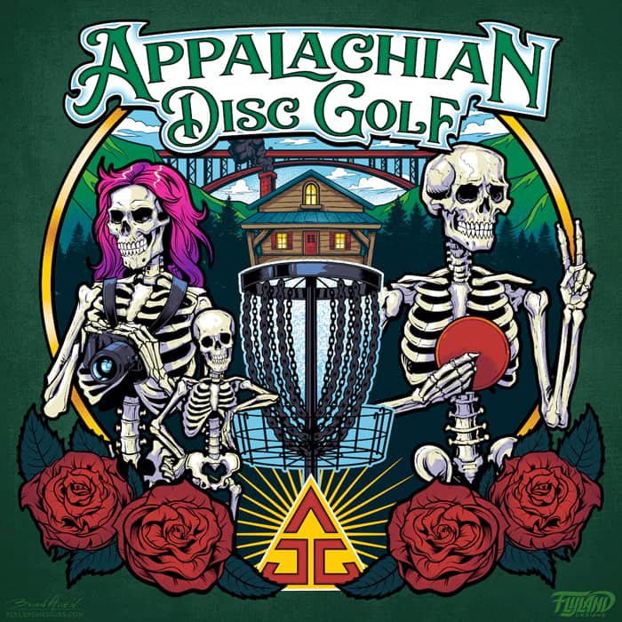 A family of skeletons enjoying a day of disc golf with roses in the forefront with Appalachian scenery in the background with a disc golf basket as the focal point.