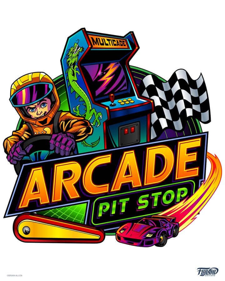 A logo illistration of an arcade machine, race car, and a racer for Arcade Pit Stop, drawn by artist Brian Allen