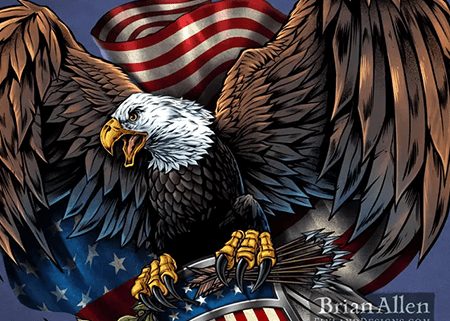 Eagle flying with shield in front of an American flag