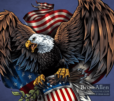 Eagle flying with shield in front of an American flag