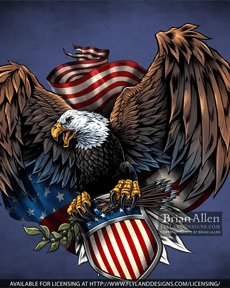 Eagle flying with shield in front of an American flag