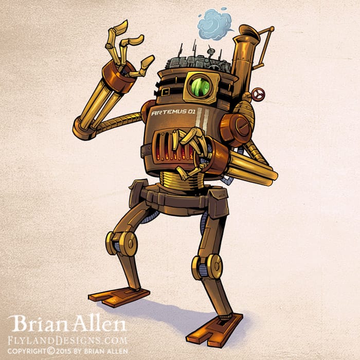 Steampunk family character design and robots