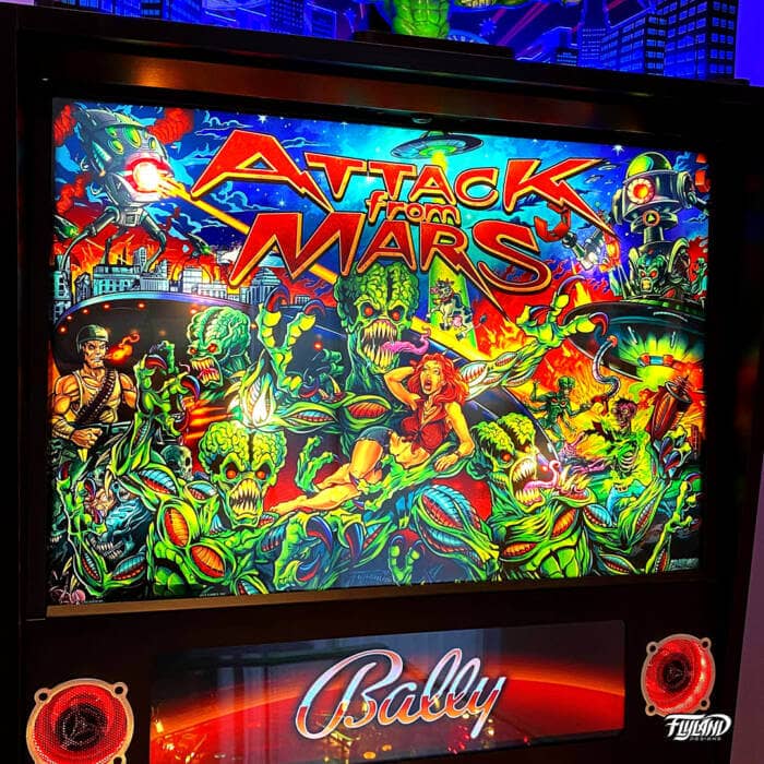 Attack from Mars Translite illustrated by Brian Allen. This Translite is an illustartion of Aliens attacking a city with lots of easter eggs from famous alein moives.