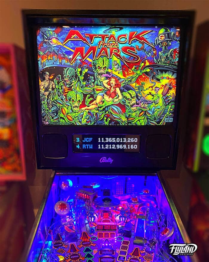 Attack from Mars Translite illustrated by Brian Allen. This Translite is an illustartion of Aliens attacking a city with lots of easter eggs from famous alein moives.