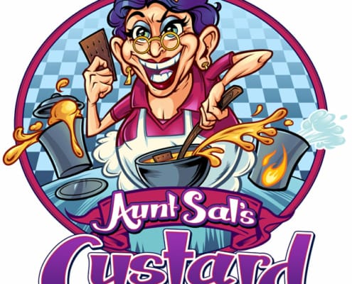 I illustrated this logo design for a desert brand in Australia called Aunt Sal’s Custard. We thought it would be fun to create a character for the brand that would personify it moving forward. The client wanted a chaotic, fun, and colorful cartoon charac